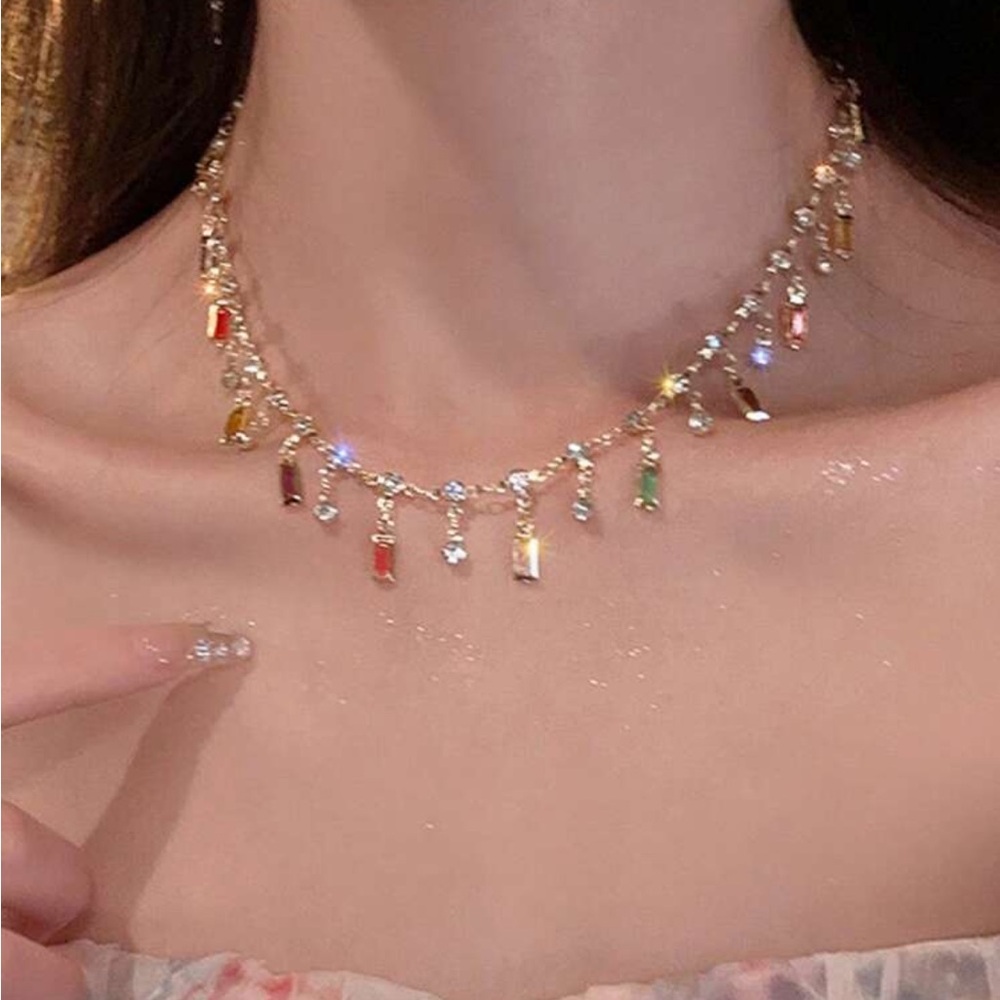 BRAND NEW Rainbow Color Crystal Necklace Luxury Design Layered Choker Chain